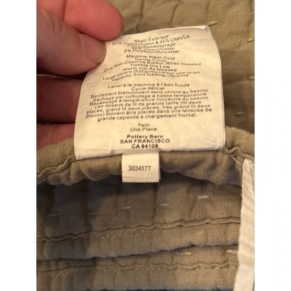 Pottery Barn Twin Pick Stitch Quilt Tan Khaki Cotton Linen Blend Bedding 3024577